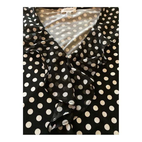 CALVIN KLEIN top, SP, black with white polka dots.  Ruffled neckline and front. - Picture 3 of 5